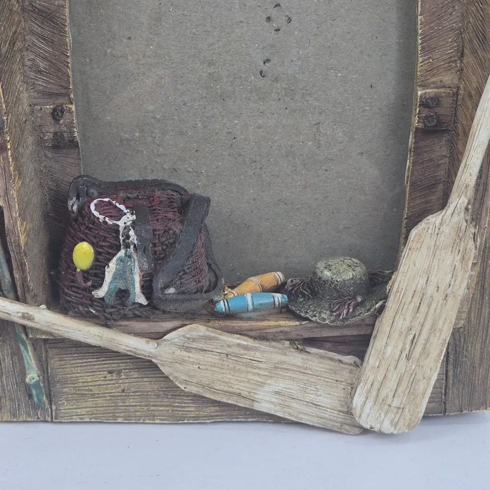 Vtg Fishing Photo Frame Resin 3D Boat Shape w Lake House Decor